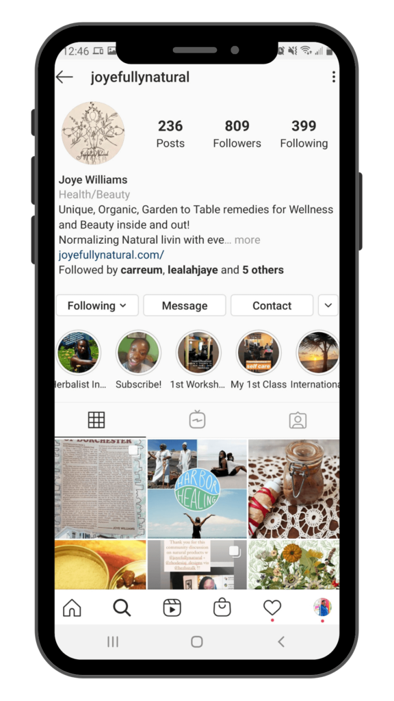 Image of a cellphone with joyefullynatural's Instagram 